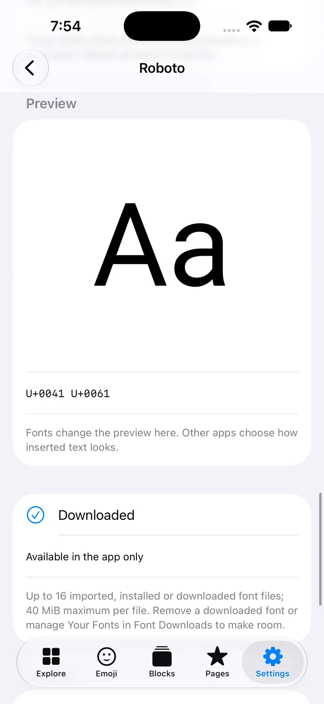 Uniboard Roboto font screen on iPhone: a large “Aa” preview, the code points U+0041 U+0061, a note that fonts change the preview while other apps choose how inserted text looks, and the status Downloaded, available in the app only.