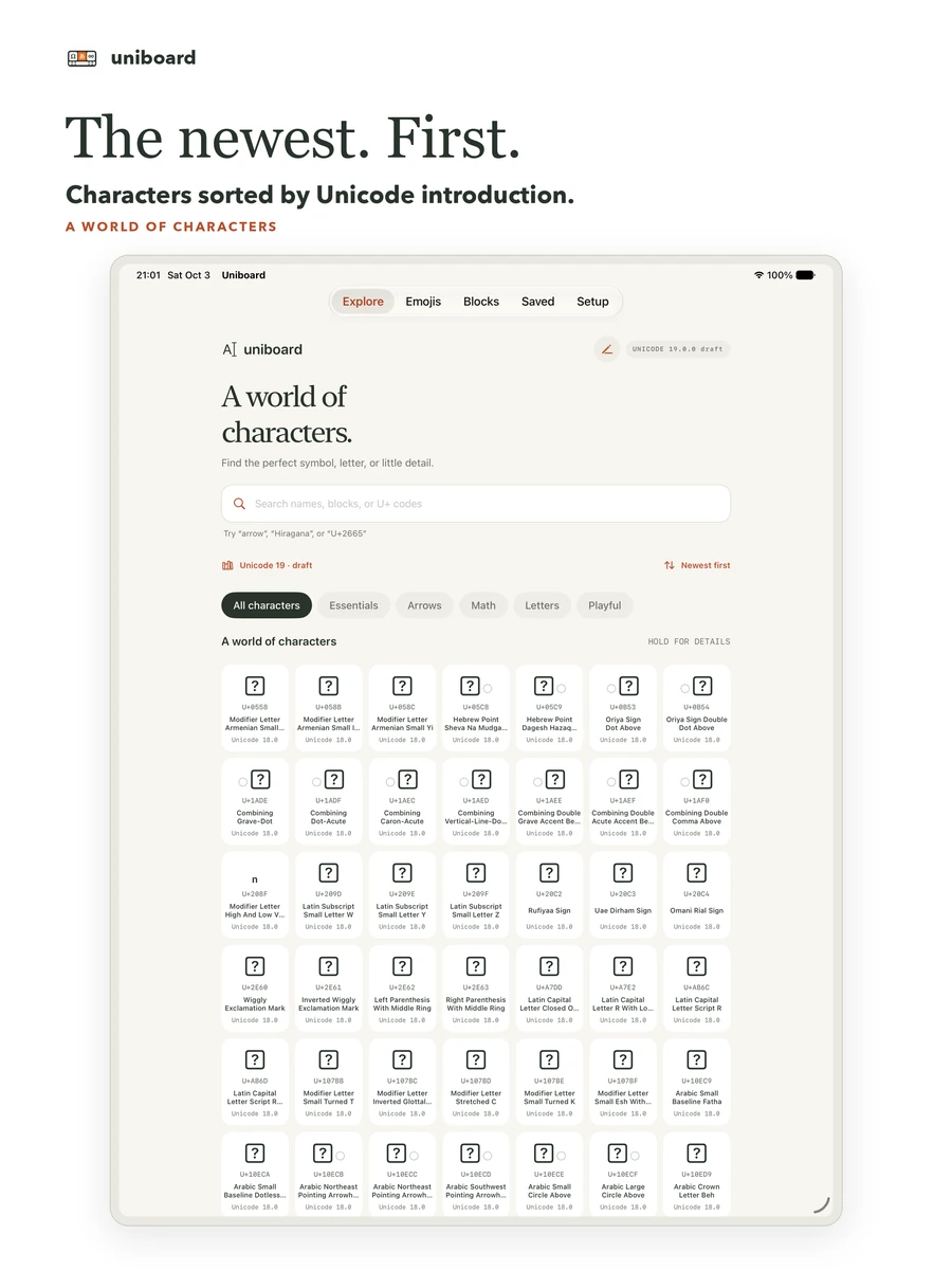 Uniboard Explore screen on iPad with Unicode character names and a wide symbol grid